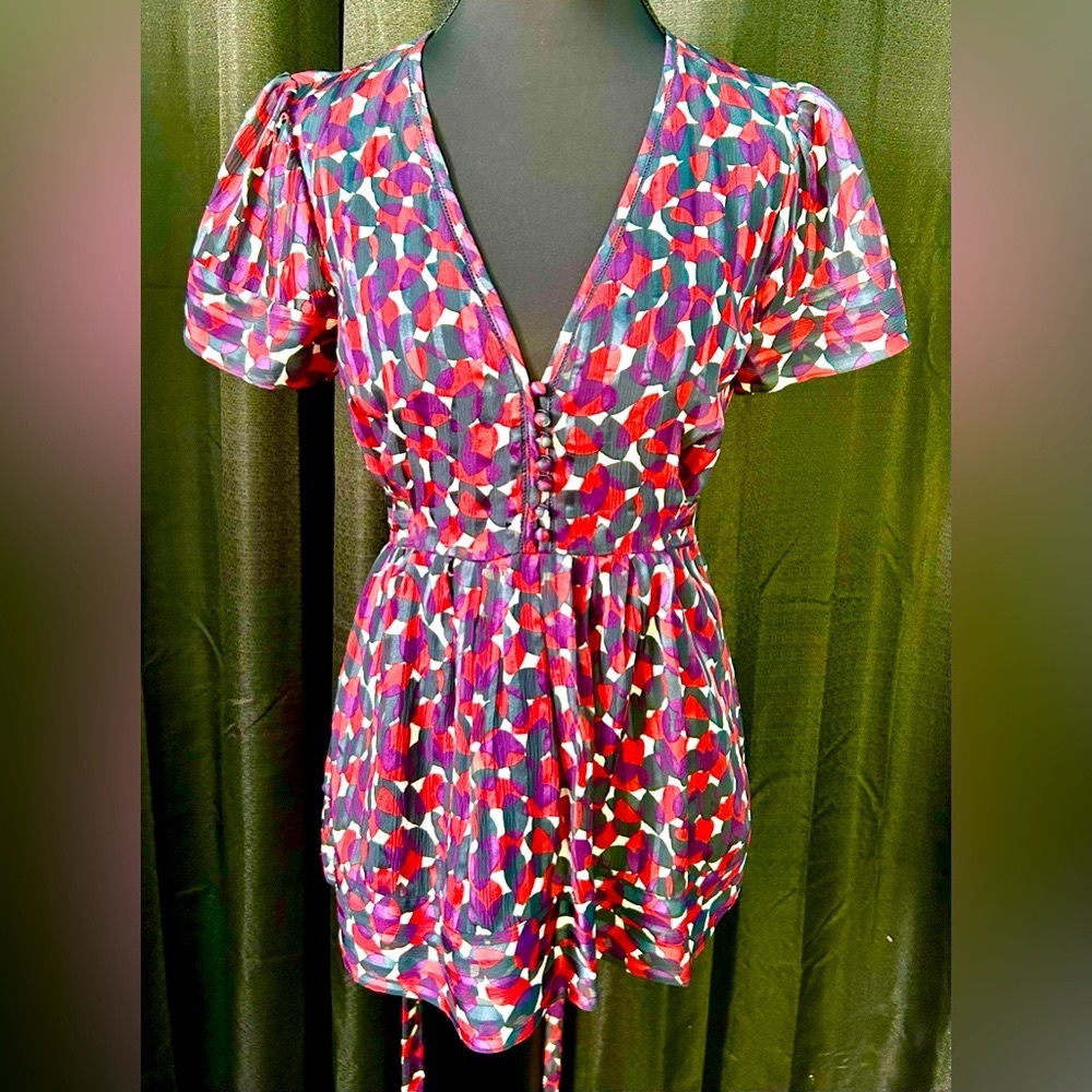 VTG Y2K BCBG Max Azria Red, Purple, Black Silk Tie-Back Babydoll Blouse, Size XS